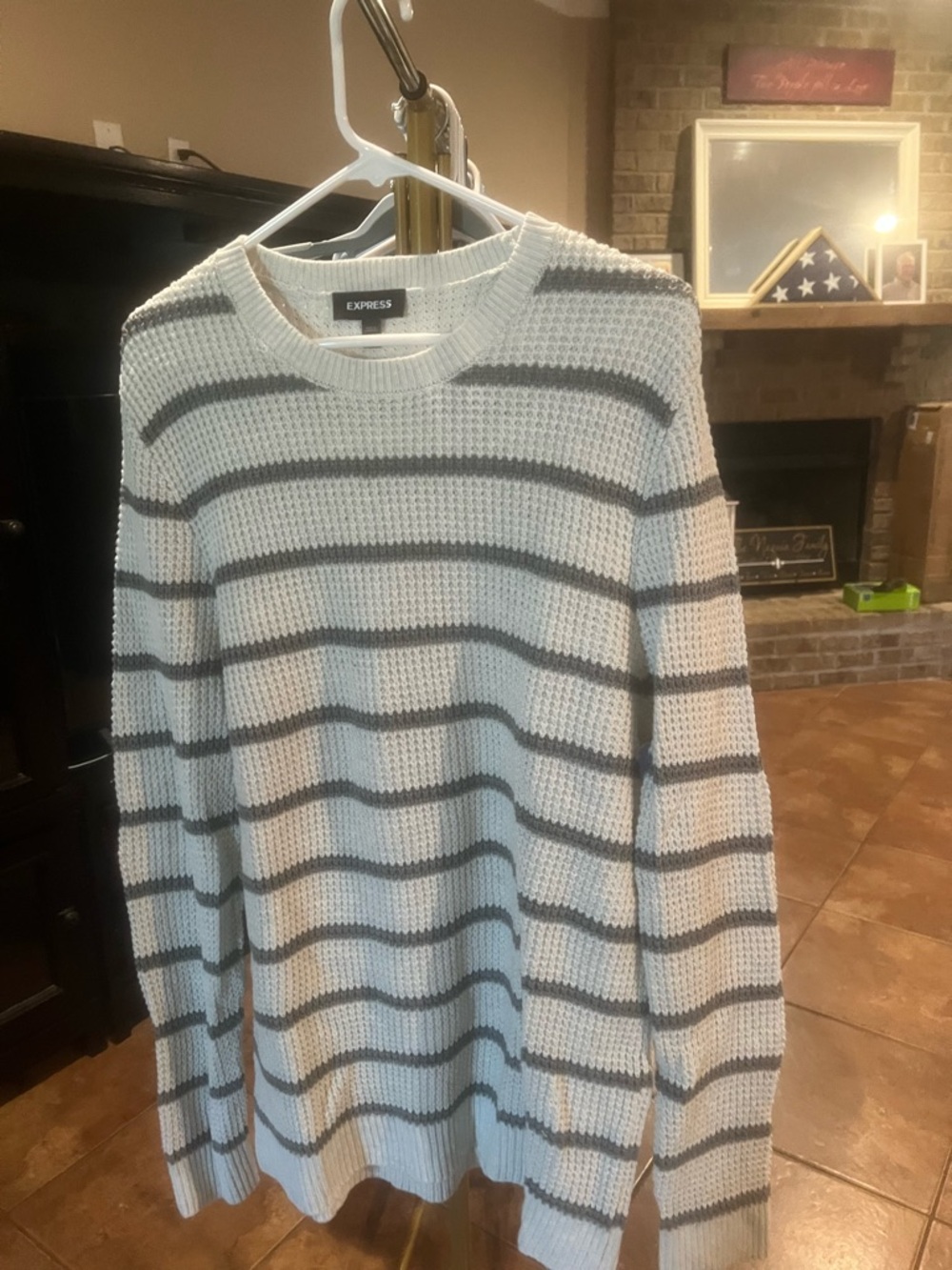 Express Men's Cream and Gray Striped Crewneck Sweater